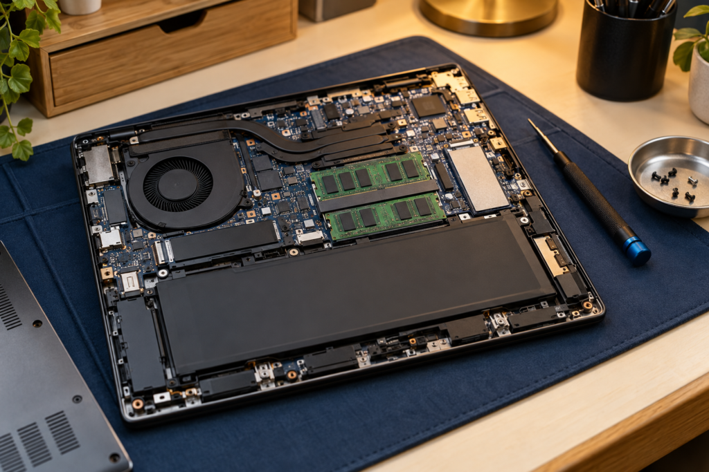 Illustrative open laptop with visible components and precision tools on a navy repair mat.