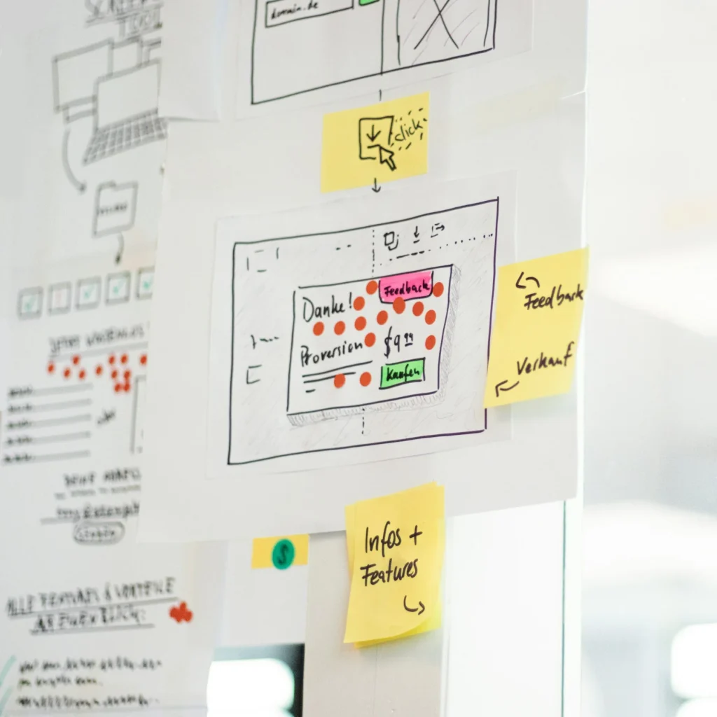 Website wireframe sketches and yellow feedback notes are arranged on a bright office planning wall.